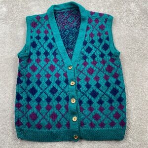 Vintage Argyle Sweater Vest Teal Purple Navy Blue Button Front Knit V-Neck